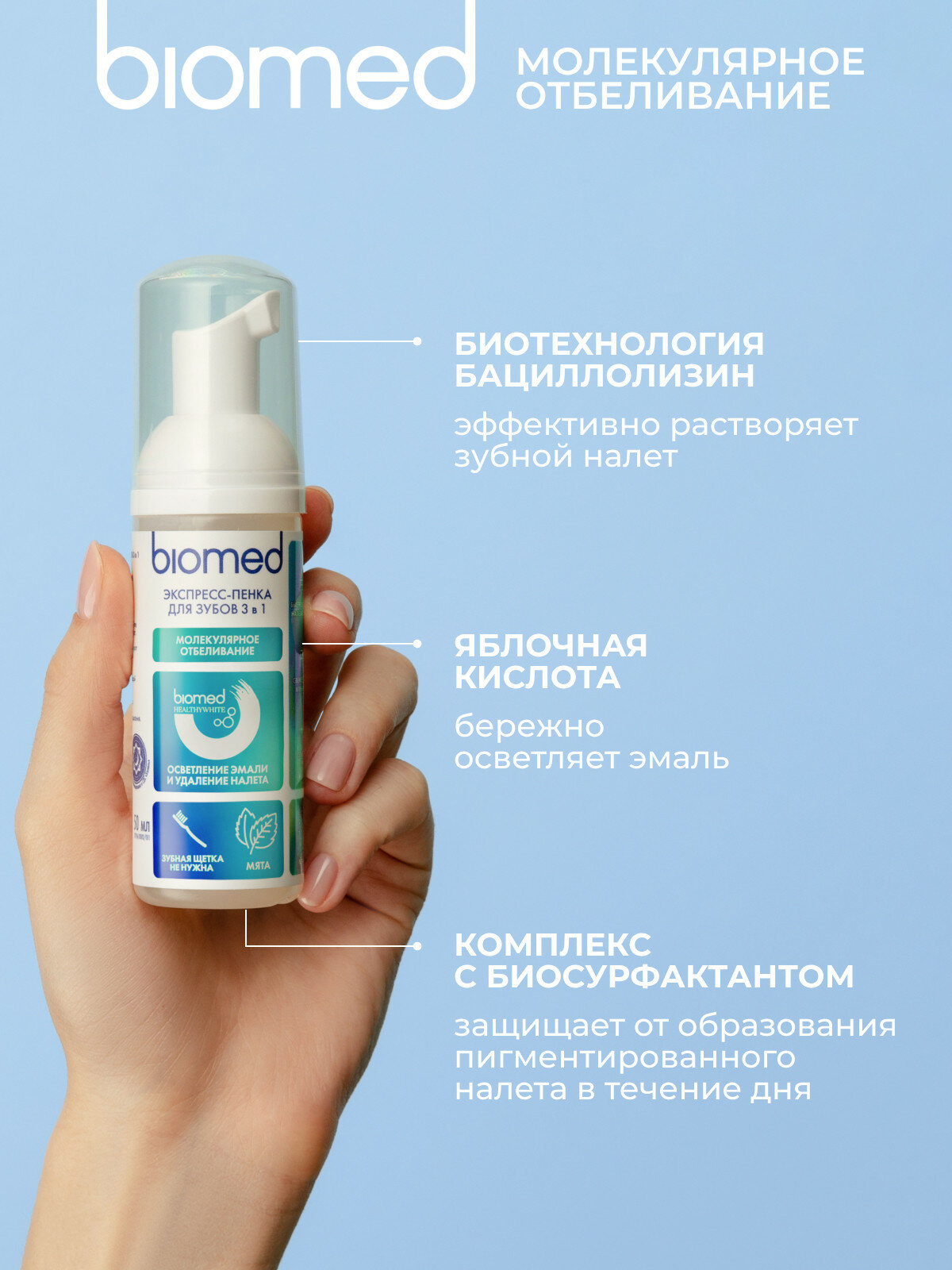 Инновационная пенка «BIOMED HEALTHYWHITE Осветление эмали и удаление налета». Мята. 50 мл — фото 1