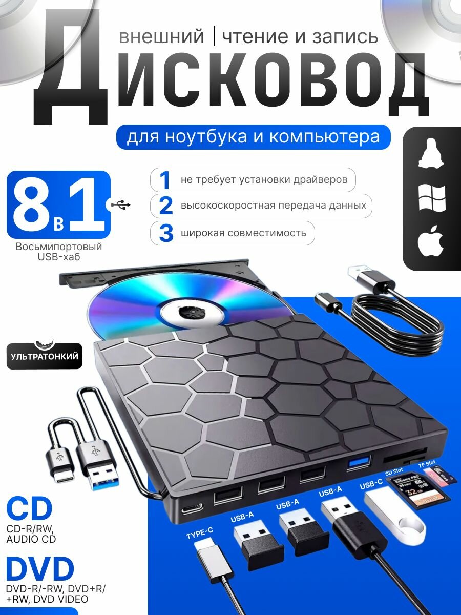 Оптический привод Hitachi поддержка USB Type-C черный 8 в 1