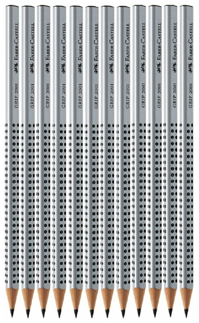 Карандаш чернографитовый Faber-Castell Grip 2001 с 2 ластиками - колпачками,точилкой в картонной коробке 12 шт. - фото №3