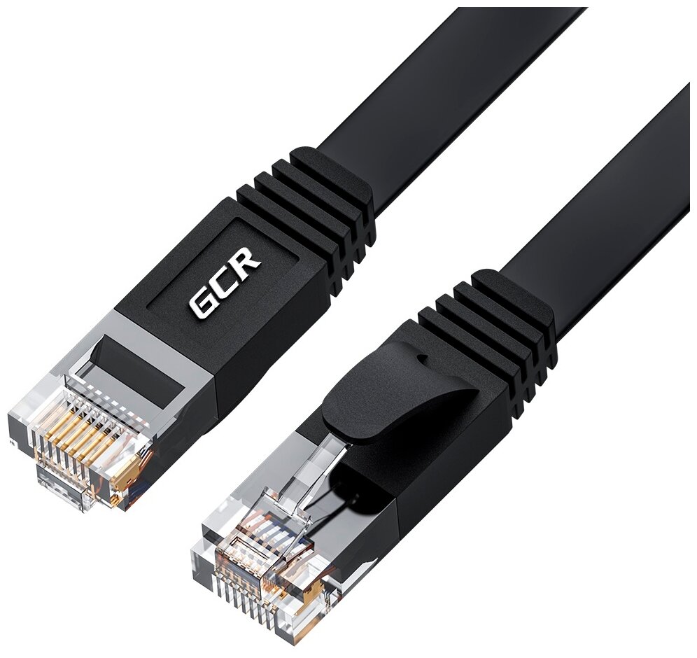 GCR Патч-корд PROF плоский прямой 5.0m, UTP медь кат.6, черный, 30 AWG, ethernet high speed 10 Гбит/с, RJ45, T568B