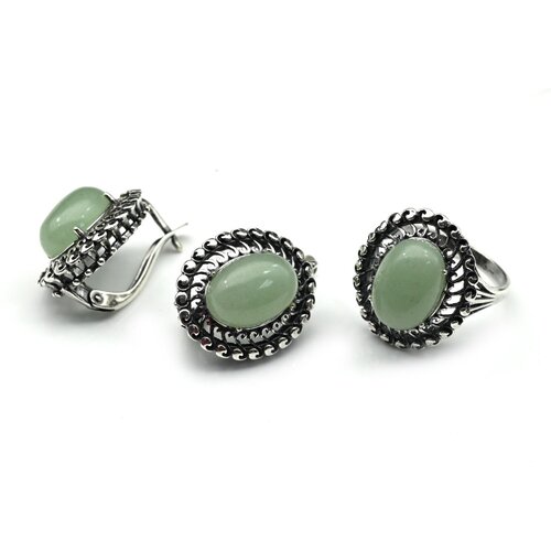 Комплект бижутерии Радуга Камня: серьги, кольцо, нефрит, размер кольца 20, зеленый