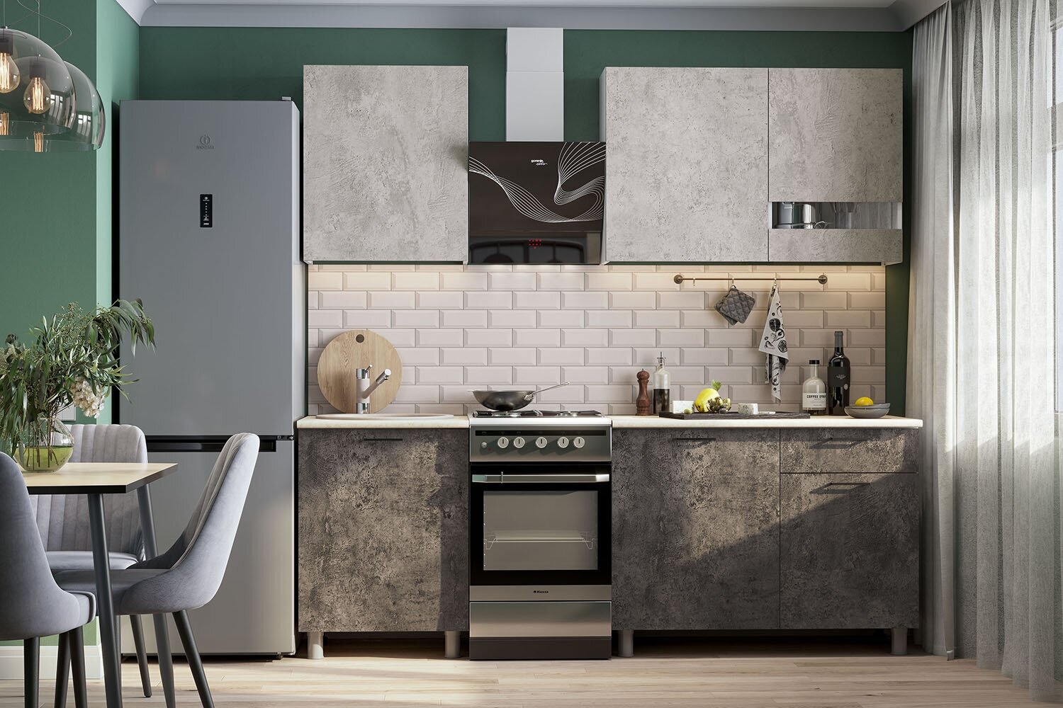Кухонный гарнитур Hoff Розалия, 170х214,2х60, цвет цемент светлый, цемент тёмный, антарес, белый