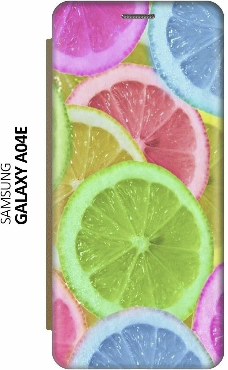 Чехол-книжка на Samsung Galaxy A04e / Самсунг А04е c принтом "Разноцветные лимоны" золотистый