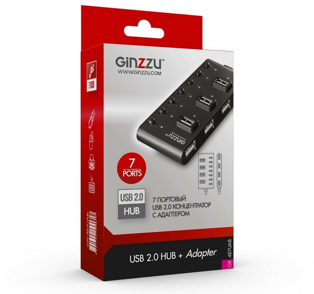 USB-концентратор Ginzzu GR-487UAB разъемов: 7