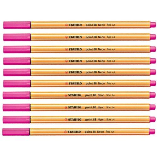 Набор 10 штук - Ручка капиллярная (линер) STABILO "Point 88", неоновая розовая, корпус оранжевый, линия письма 0,4 мм
