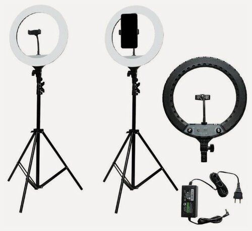 Изображение товара Кольцевая лампа, круглая лампа 36см с держателем для смартфона (штатив тренога в комплекте до 210см)