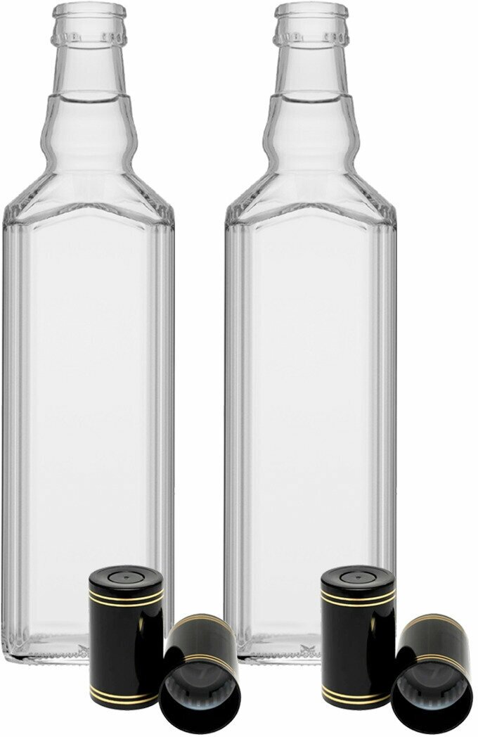 Бутылка стеклянная гуала "Штоф", 0.5 л. + Пробка-колпачок "Гуала", полимерная, черная с золотыми кольцами, Н58 мм. - 2 шт.