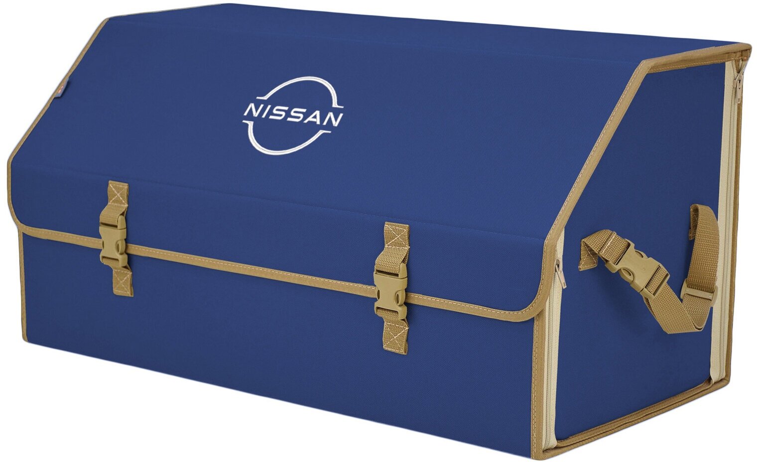 Органайзер-саквояж в багажник "Союз" (размер XL Plus). Цвет: синий с бежевой окантовкой и вышивкой Nissan (Ниссан).