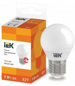 Светодиодная LED лампа IEK шар G45 E27 9W(810lm) 3000К 3K ECO LLE-G45-9-230-30-E27 (упаковка 16 штук)