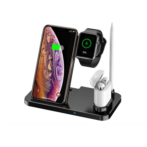 Быстрое беспроводное зарядное устройство MyPads A131-124 4 в 1 для iPhone и Apple Watch Airpods Apple Pencil (телефон наушники часы и стилус) + Быстрое USB QC-3.0 зарядка в комплекте.
