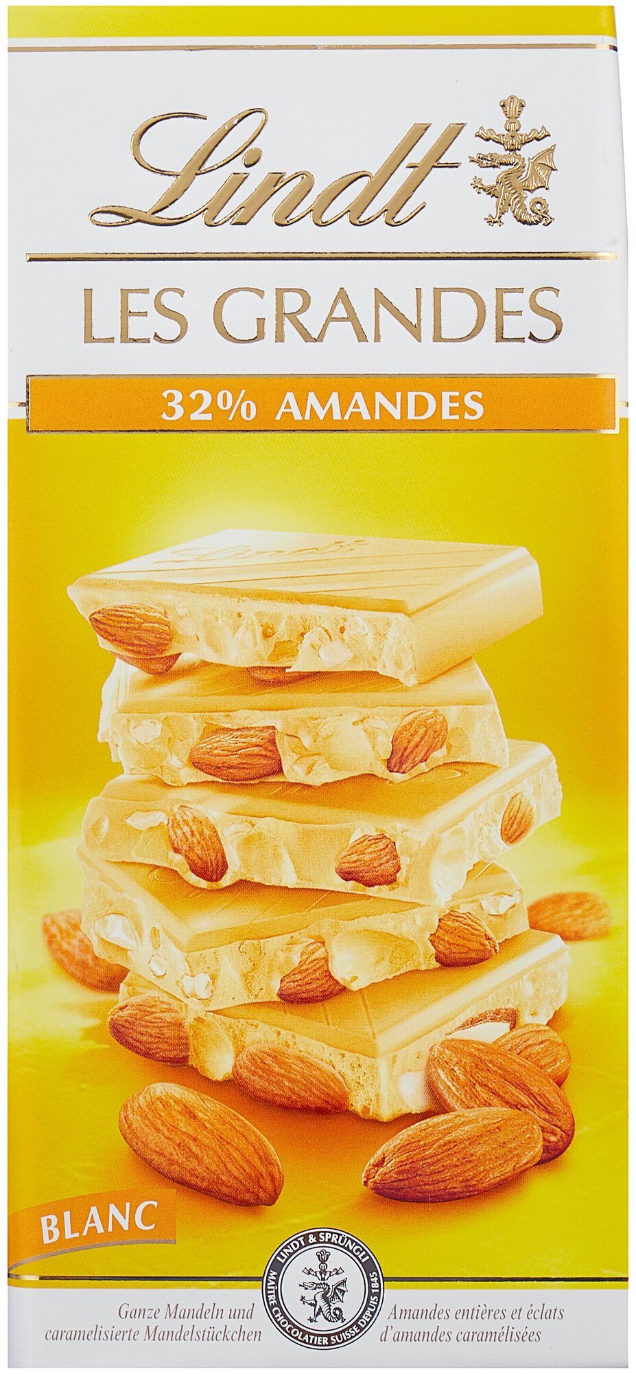 Белый шоколад Lindt LES GRANDES ALMONDS 32% с Миндалем, 150 г (Из Финляндии) - фотография № 1