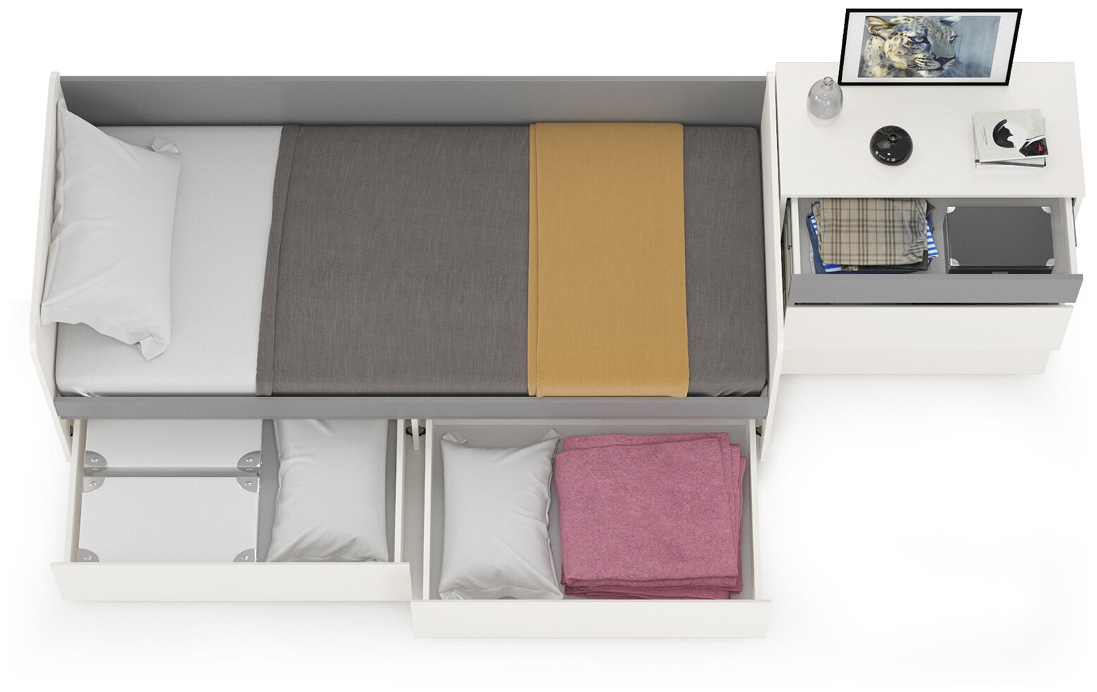 Молодёжная кровать с ящиками Торонто 11.39 с комодом, цвет белый шагрень/стальной серый, ШхГхВ 274х84,4х75,4 см, спальное место 800х1900, без матраса