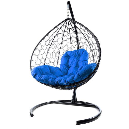 Подвесное кресло из ротанга XL черное с синей подушкой M-Group