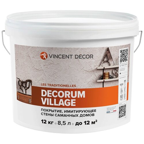 Декоративное покрытие Vincent Decor Decorum Village, белый, 12 кг, 8.5 л декоративное покрытие vincent decor sabbia белый 34100 1 л