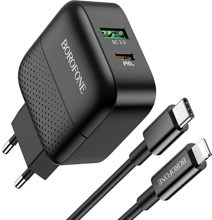 Сетевое зарядное устройство Borofone BA46A Premium + кабель USB Type-C-Lightning 18 Вт