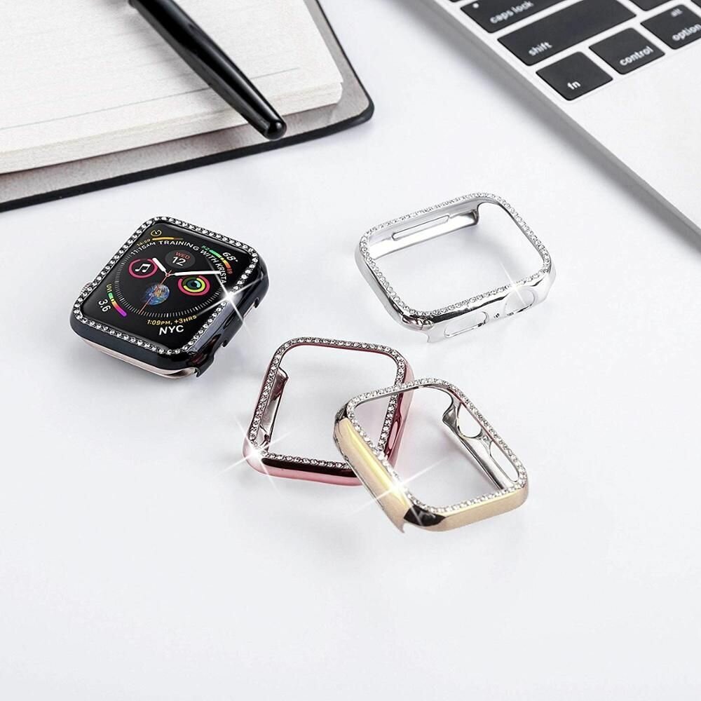 Защитный пластиковый чехол (кейс) Apple Watch Series 4 SE 6 5 (Эпл Вотч) 44 мм для экрана/дисплея и корпуса противоударный бампер золотой со стразами