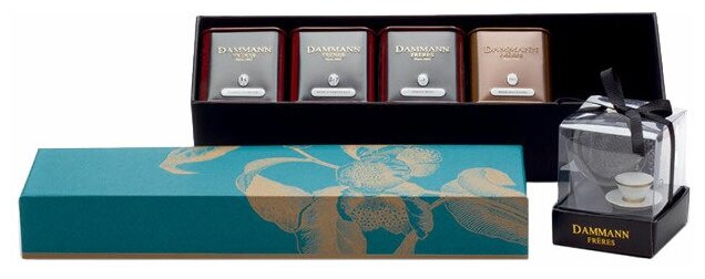 Dammann Подарочный набор чая ALLURES в подарочной коробке: 4 банки листового чая по 30г + ситечко