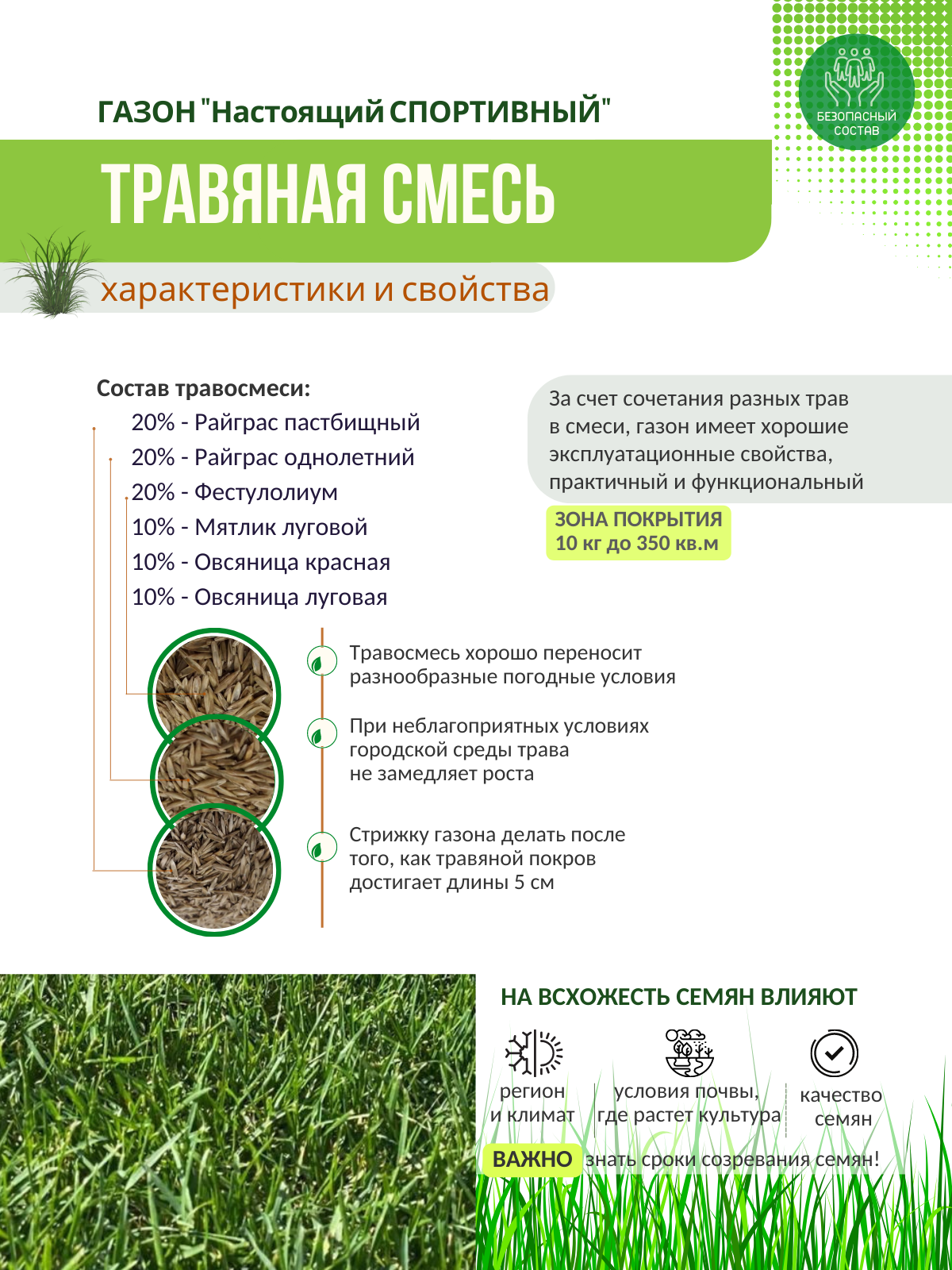 Газон Газон City Настоящий газон Спортивный (семена) спорт. 10000гр (82799857) - фото №12