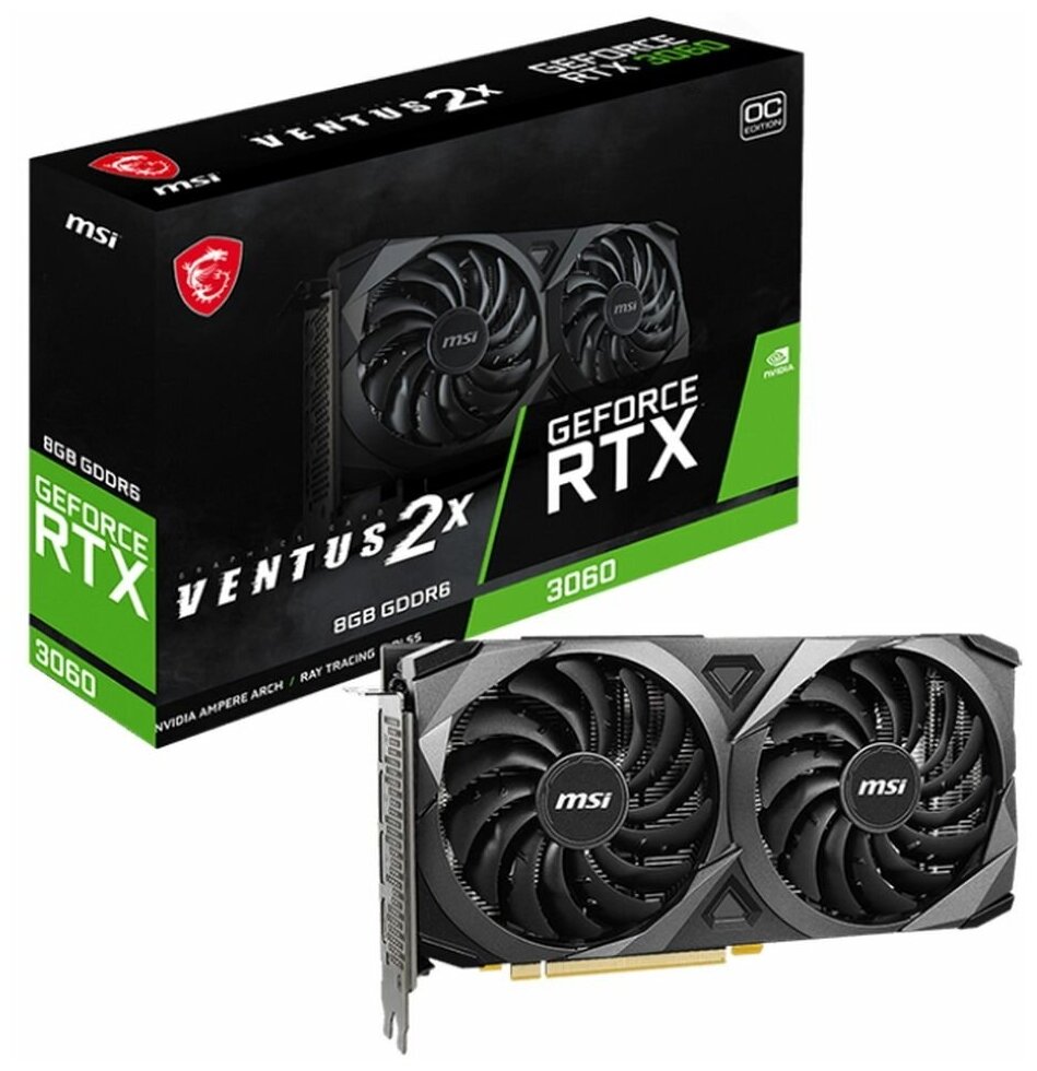 Видеокарта MSI NVIDIA GeForce RTX 3060, RTX 3060 VENTUS 2X 8G OC, 8ГБ, GDDR6, OC, Ret