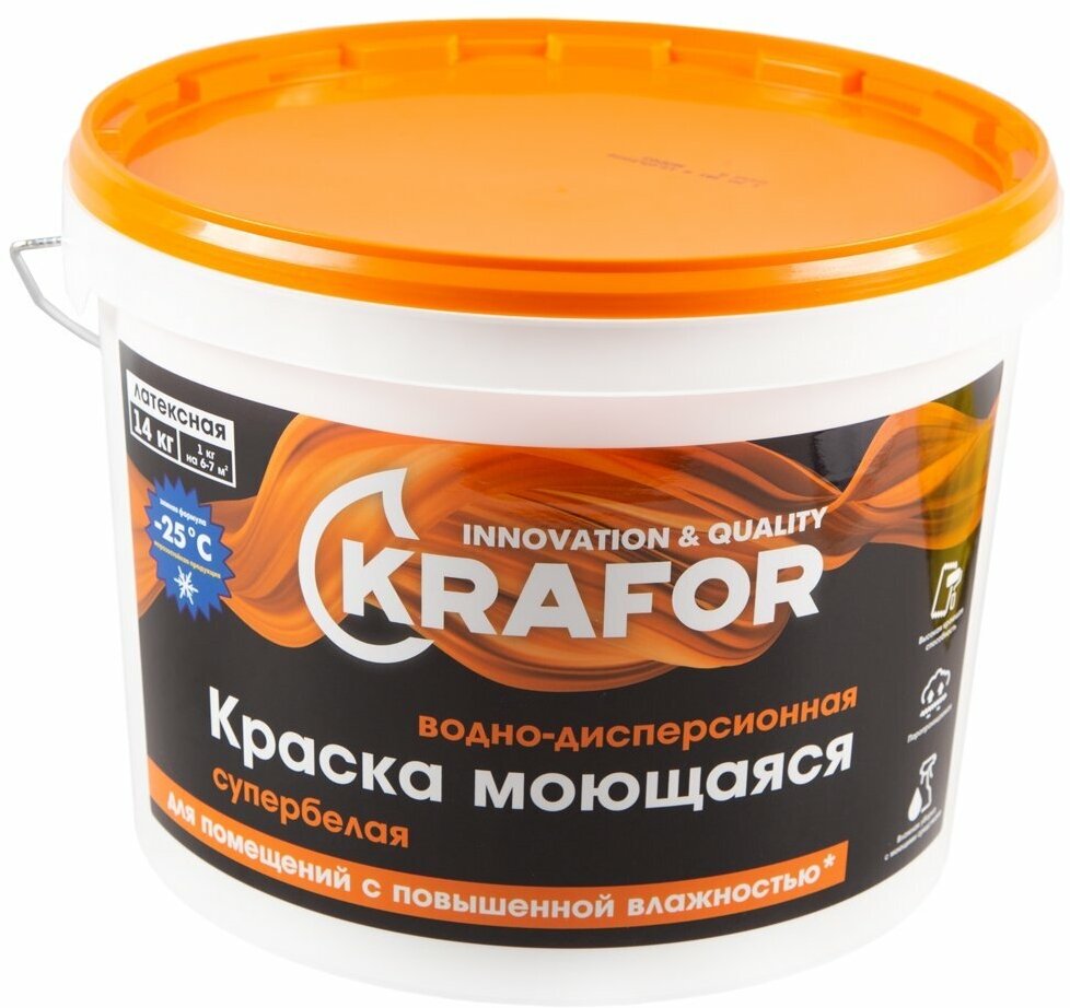 Краска водно-дисперсионная интерьерная моющаяся Krafor, латексная, 14 кг, супербелая