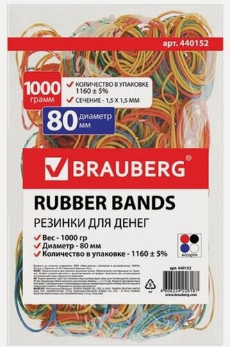 Изображение товара Резинка банковская Brauberg универсальная диаметром 80 мм, 1000 г, цветная, натуральный каучук