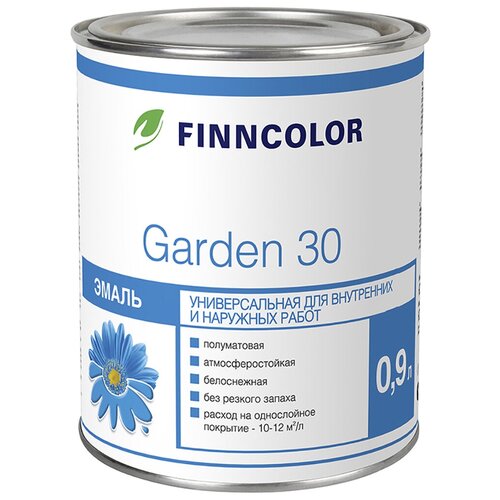 Эмаль FINNCOLOR Garden 30 база A, А, полуматовая, белый, 0.9 кг, 0.9 л эмаль finncolor garden 30 универсальная база а полуматовая 2 7 л