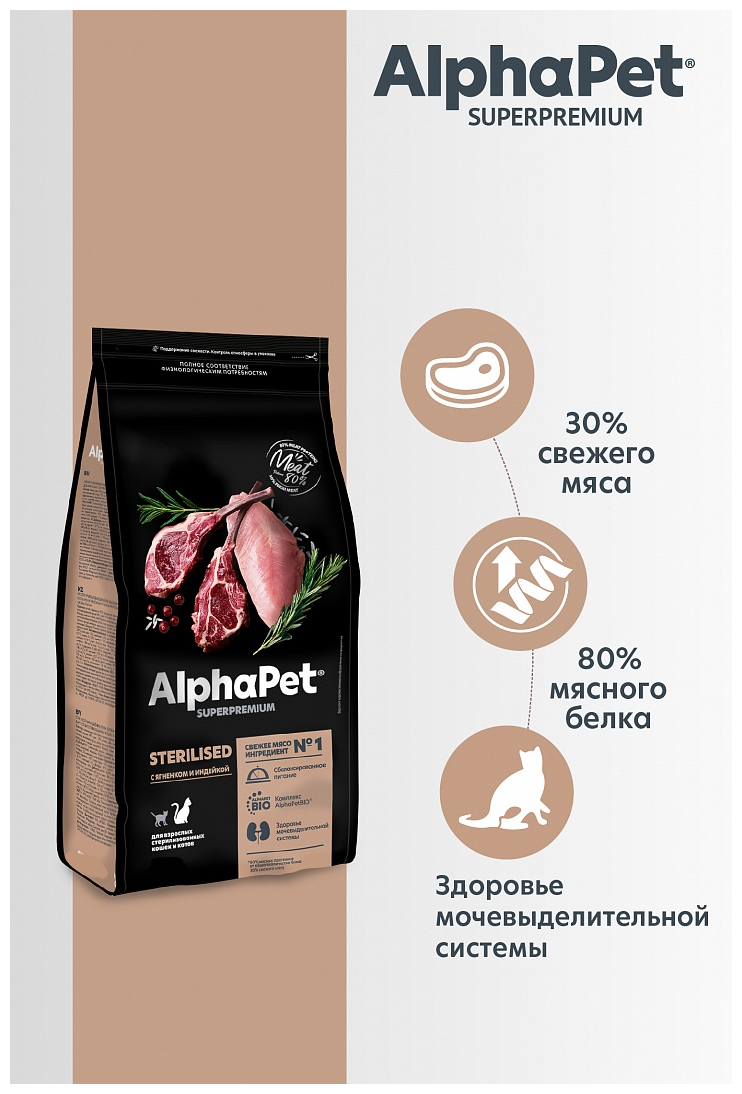 AlphaPet Superpremium сухой корм для взрослых стерилизованных кошек и котов с ягненком и индейкой