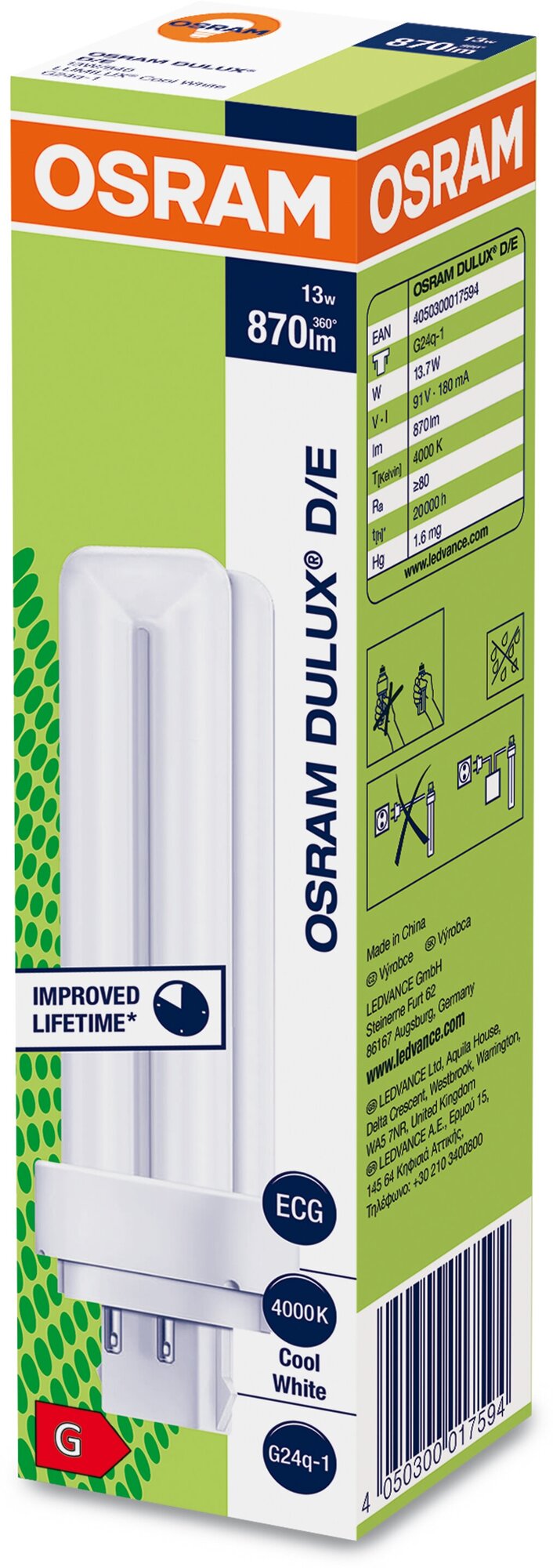 Osram Лампа люминесцентная компактная Dulux D/E 13W/840 холод белый G24q-1 (арт. 4050300017594)