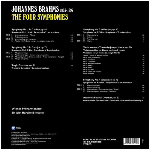 Виниловая пластинка WARNER MUSIC Vienna Philharmonic, Sir John Barbirolli - Brahms: The Four Symphonies (4LP) brahms j four symphonies