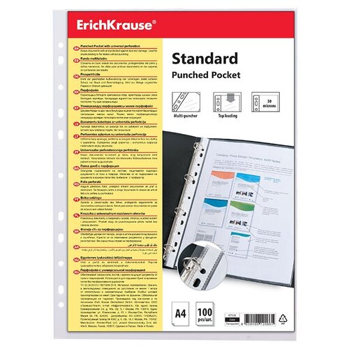 ErichKrause Файл-вкладыш Standard A4, пластик 30 мкм, 100 шт., прозрачный 10 шт прозрачные папки держатели для бумаг из пвх