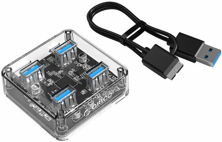 Концентратор Orico 4*USB-A 3.0, вход micro-USB 3.0, прозрачный - фото №4