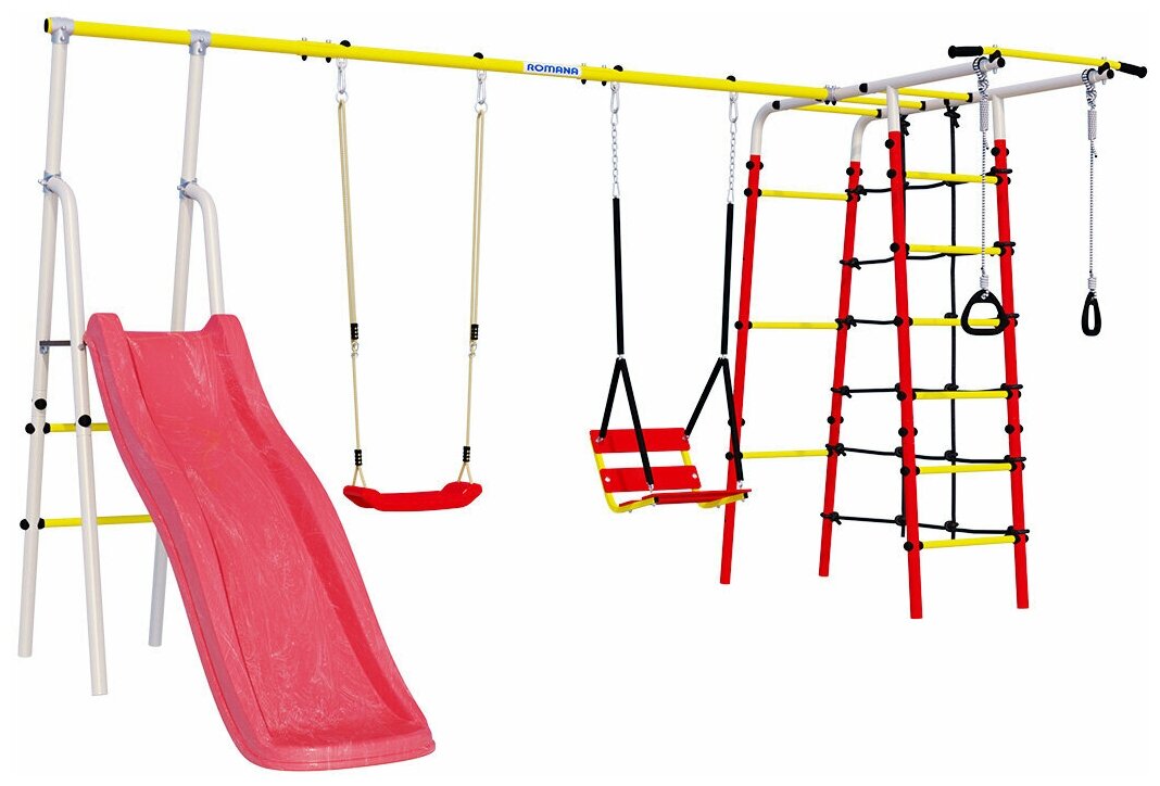 Детский спортивный комплекс ROMANA Богатырь Плюс - 2 для двоих детей для дачи или частного дома с цепными и пластиковыми качелями