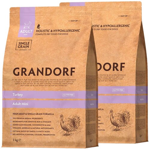 GRANDORF SINGLE GRAIN DOG ADULT MINI TURKEY низкозерновой для взрослых собак маленьких пород с индейкой (3 + 3 кг)