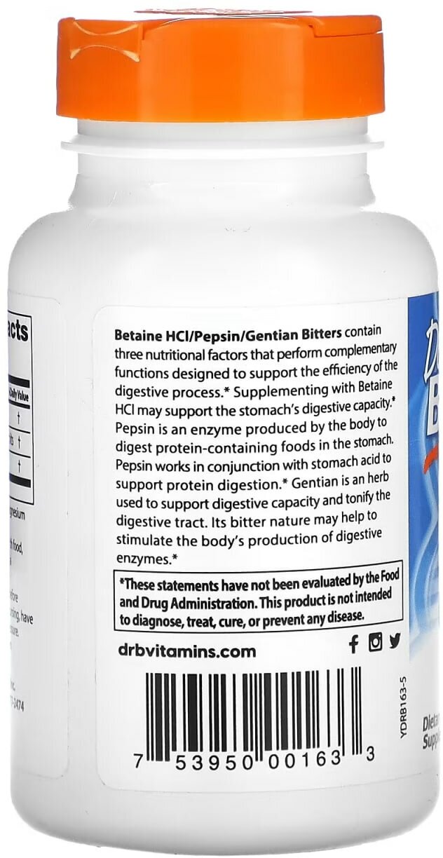 Капсулы Doctor's Best Betaine HCL Pepsin and Gentian Bitters, 100 г, 120 шт.