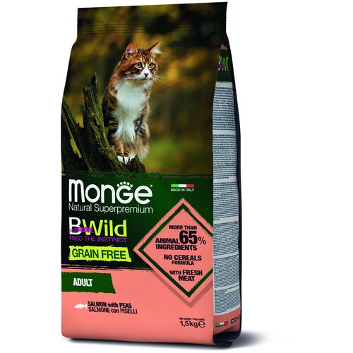 Сухой корм для кошек Monge BWILD Feed the Instinct, беззерновой, с лососем, с горошком 1.5 кг (кусочки в желе) сухой корм для стерилизованных кошек monge bwild feed the instinct с тунцом с горошком 10 кг