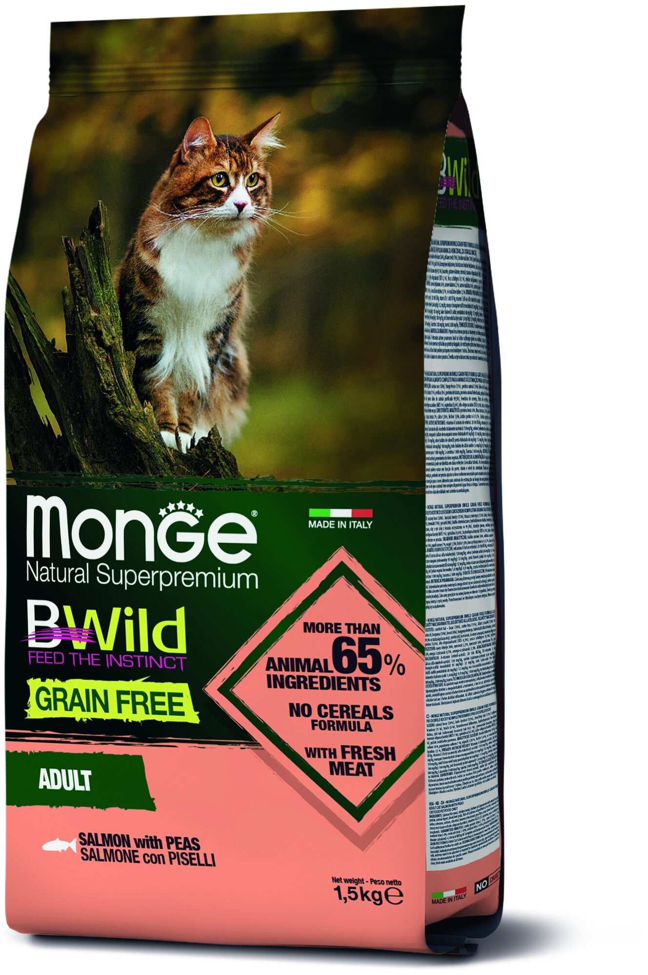 Сухой корм для кошек Monge BWILD Feed the Instinct, беззерновой, с лососем,  с горошком 1.5 кг (кусочки в желе) — купить в интернет-магазине по низкой  цене на Яндекс Маркете