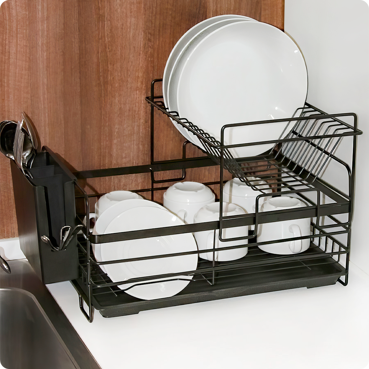 Сушилка для посуды (26х44х28 см, черная) настольная складная с поддоном / тарелки, чашки, столовые приборы - фотография № 13