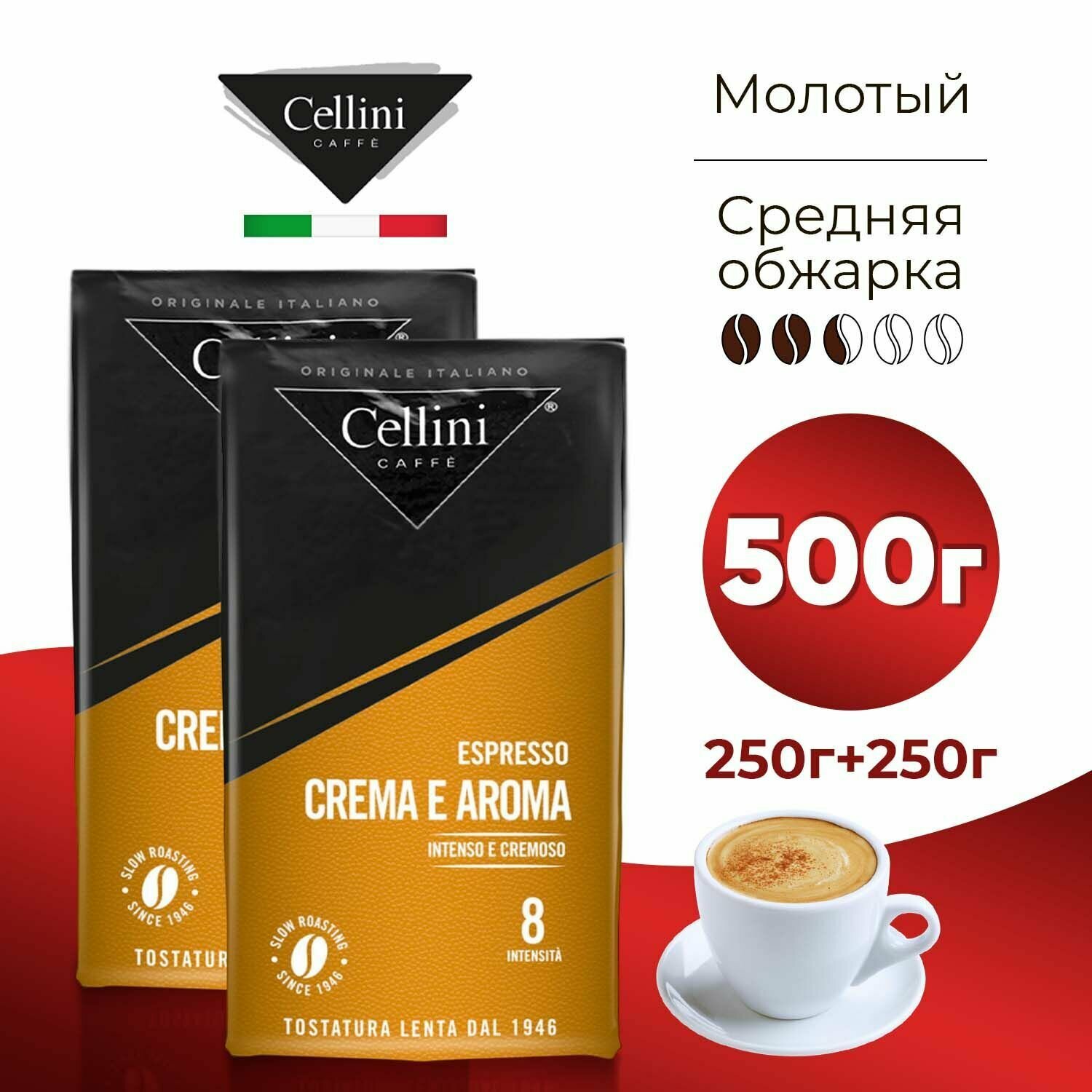 Cellini Кофе молотый Арабика Робуста Crema e aroma, Набор 250гр х2