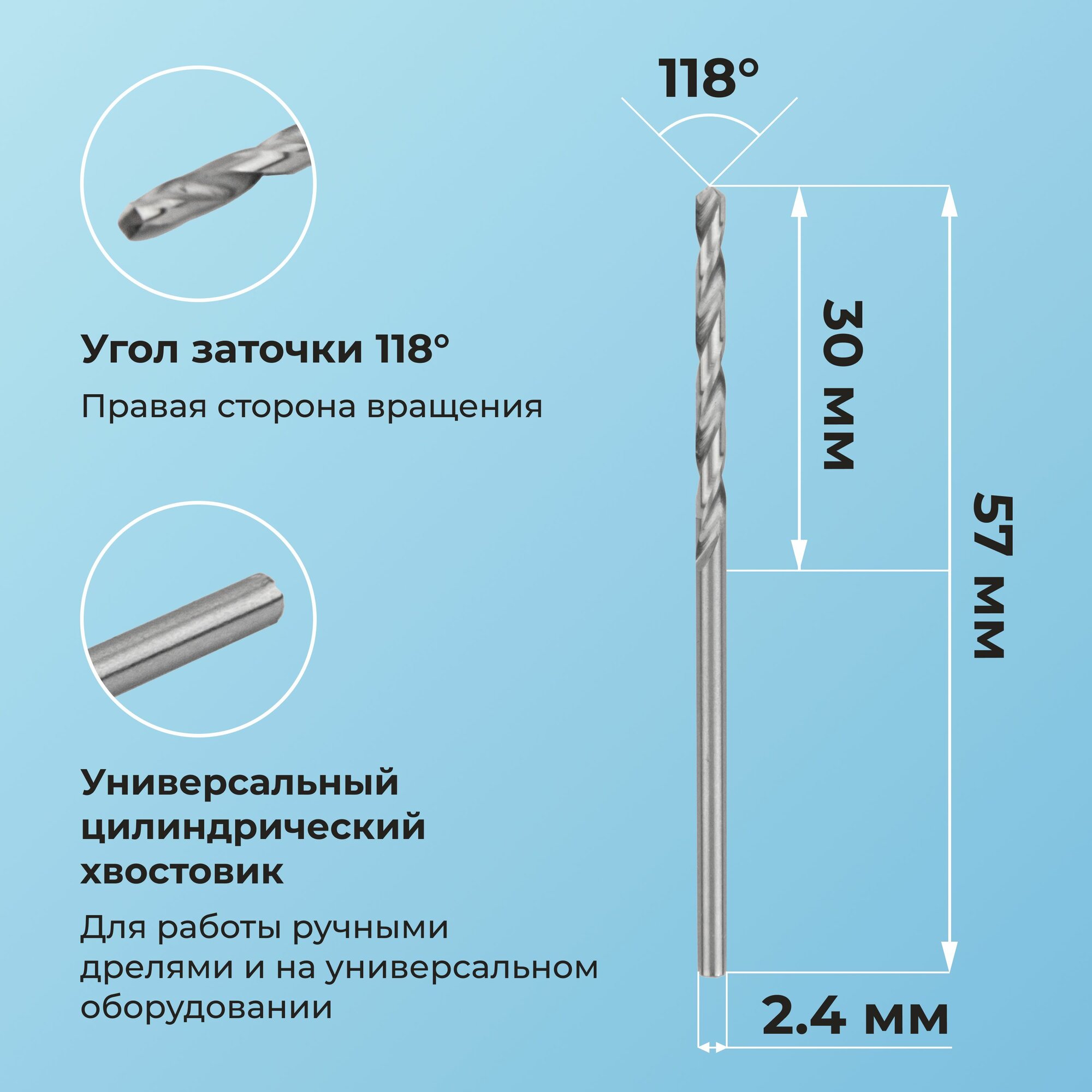 Изображение Сверло по металлу NORGAU Industrial HSS спиральное правое с шлифованным профилем, DIN338, 2.4 мм