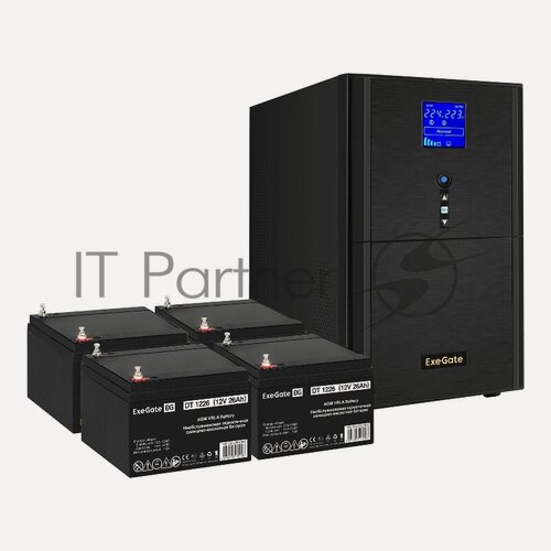 Изображение товара Комплект ИБП EX295991RUS + батарея 26Aч EX282970RUS 4шт (инвертор, синус, для котла) ExeGate SineTower SZ-5000. LCD. AVR.2SH.1C13. T. RJ. <5000VA/4000W, чистый синусоида, LCD дисплей, AVR, 2*Schuko+1*C13+клеммы, RJ45/11, USB, линейно-интерактивный, Bl