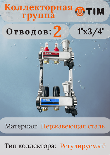 Изображение товара Коллектор для теплого пола с расходомерами 1"х 3/4"на 2 выхода , нерж, без кранов TIM