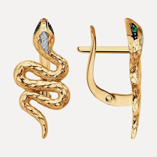 Изображение товара Серьги, красное золото, 585 проба, бриллиант, изумруд синтетический