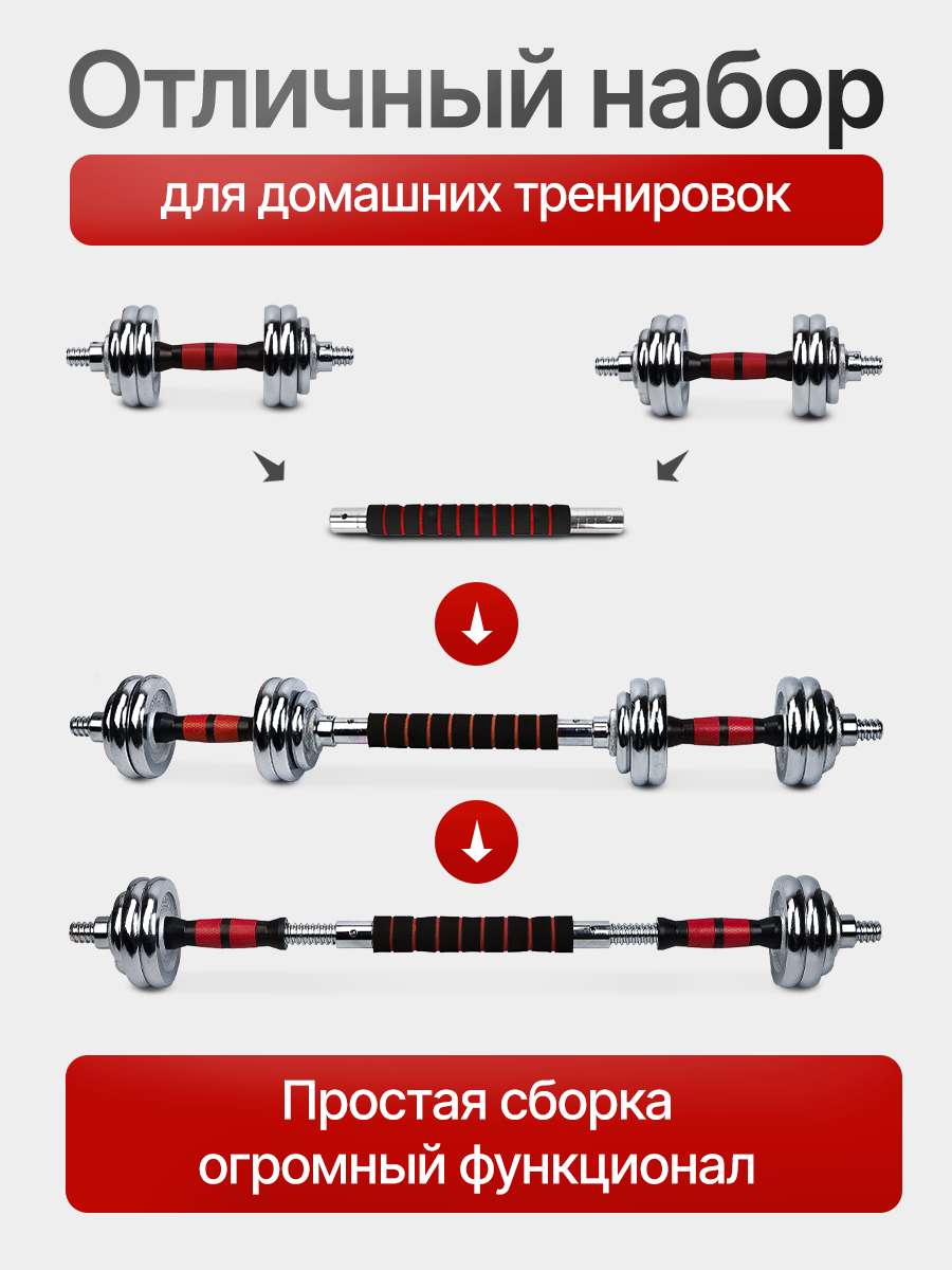 Гантели 2в1 (гантели, штанга) 15 кг, красный, в кейсе. В комплекте 12 дисков. Артикул ФИТ-9858 — фото 1