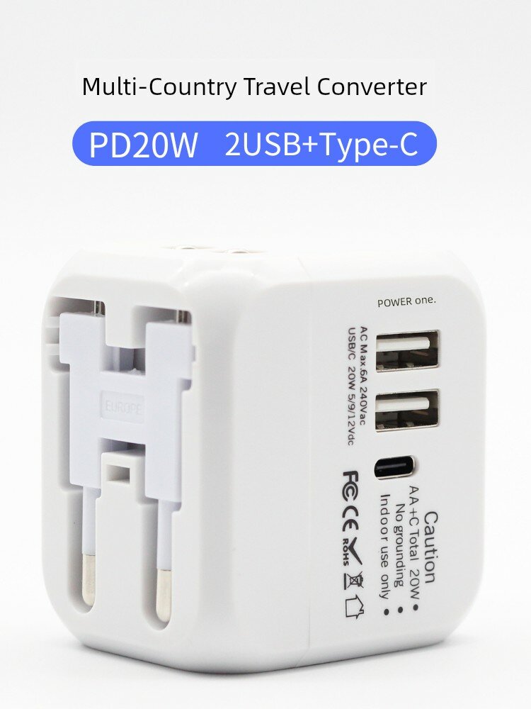 Белое быстрое зарядное устройство 20 Вт, 2 порта USB 1 Type-C, универсальный конвертер UK US AU, портативное ЗУ