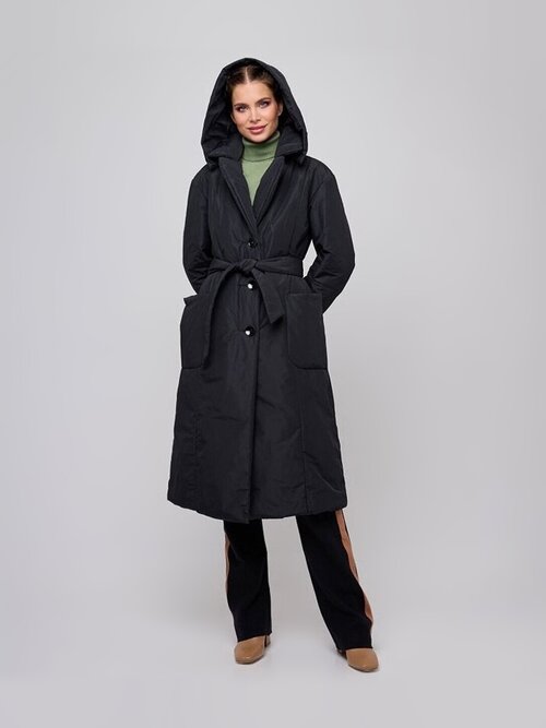 куртка  DIXI COAT, демисезон/зима, удлиненная, силуэт прямой, карманы, пояс/ремень, капюшон, размер 40