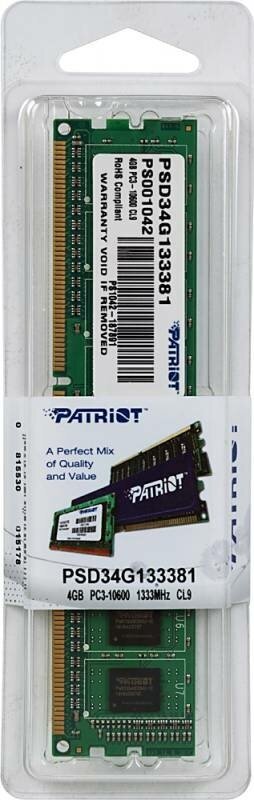 Оперативная память Patriot DDR3 - 4Gb, 1333 МГц, DIMM, CL9 (psd34g133381)