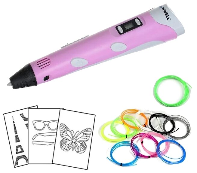 3D ручка 3D Pen-2 с набором пластика PLA 100 м (10 цветов по 10 м каждый), светящимся пластиком (10 метров) и набором трафаретов (10 штук). Цвет: розовый.