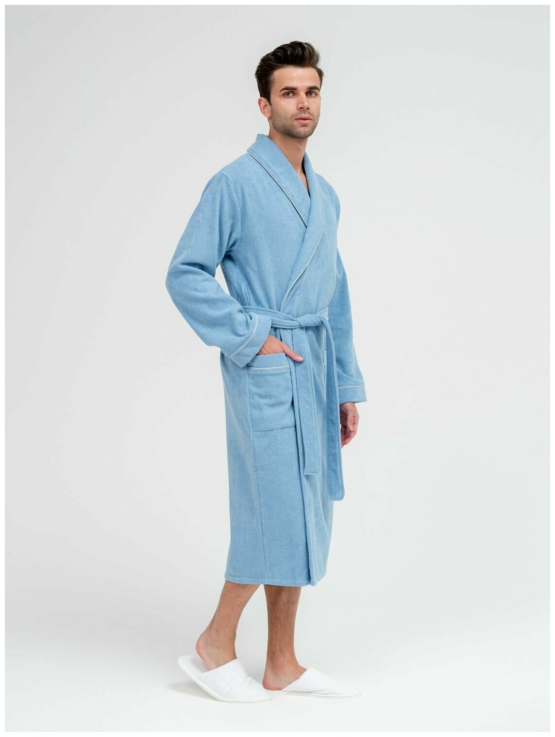 Мужской махровый халат с кантом, голубой. Размер 58-60 - фотография № 6