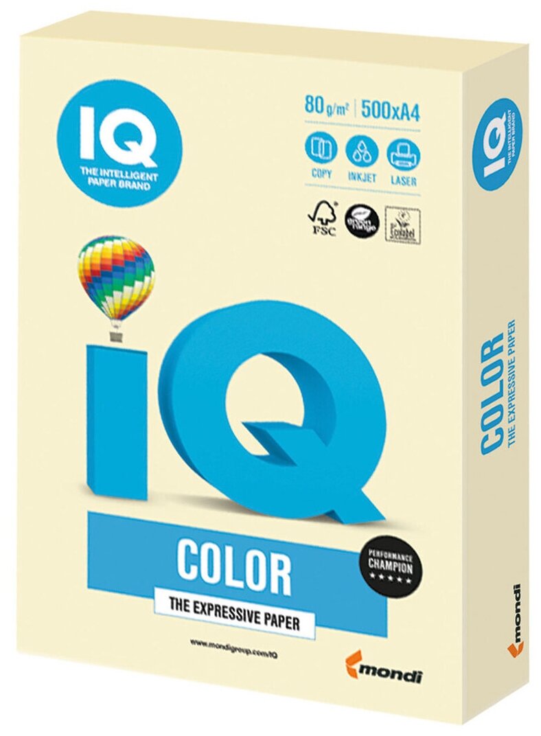 Бумага цветная IQ color, А4, 80 г/м2, 500 л., пастель, ванильная, BE66