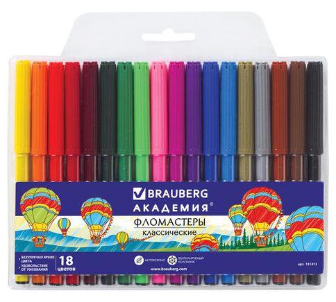 Фломастеры BRAUBERG "академия", 18 цветов, вентилируемый колпачок, ПВХ упаковка, 151412, 6 наборов